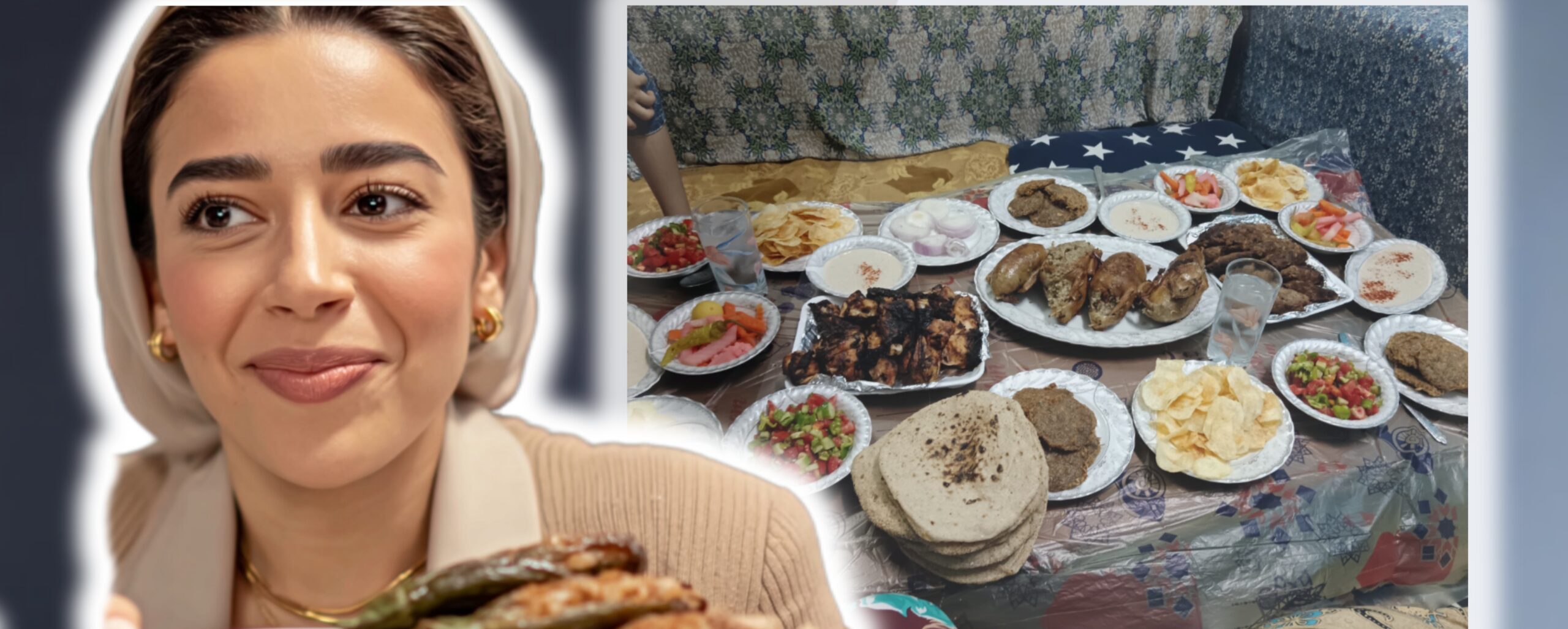 Коллаж: Богатый египетский обеденный стол: жареная и гриль-курица, фалафель, картофельные чипсы, хумус, тахини, свежие салаты из помидоров и огурцов, маринованные овощи, лук, хлеб эйш балади. Традиционный главный приём пищи в Египте. Сабах, египетская хозяйка, за семейным обедом.