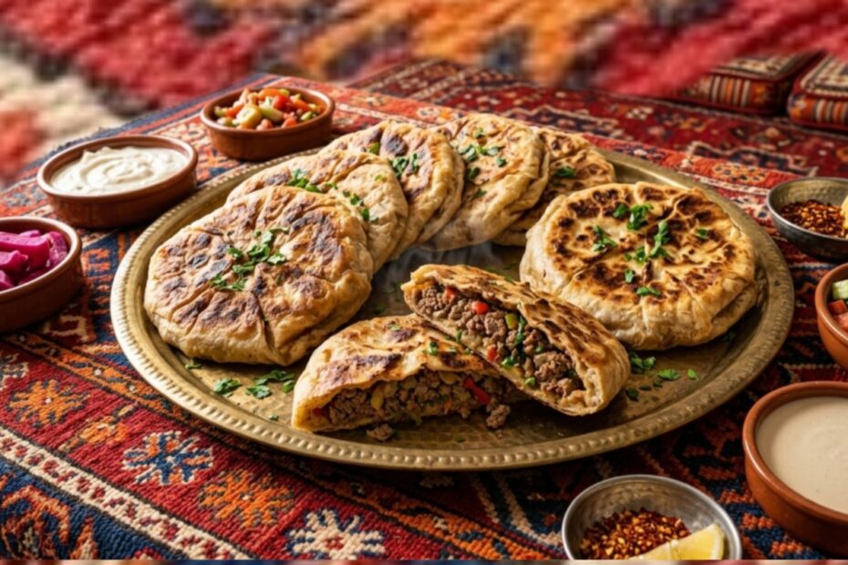 Традиционный египетский хававши — золотистые мясные пироги на большом латунном подносе (синия), сервированные на ярком килиме. Вокруг: мисочки с тахини, розовая маринованная репа, свежий салат, лимон и острый перец. Аутентичная семейная подача по-египетски.